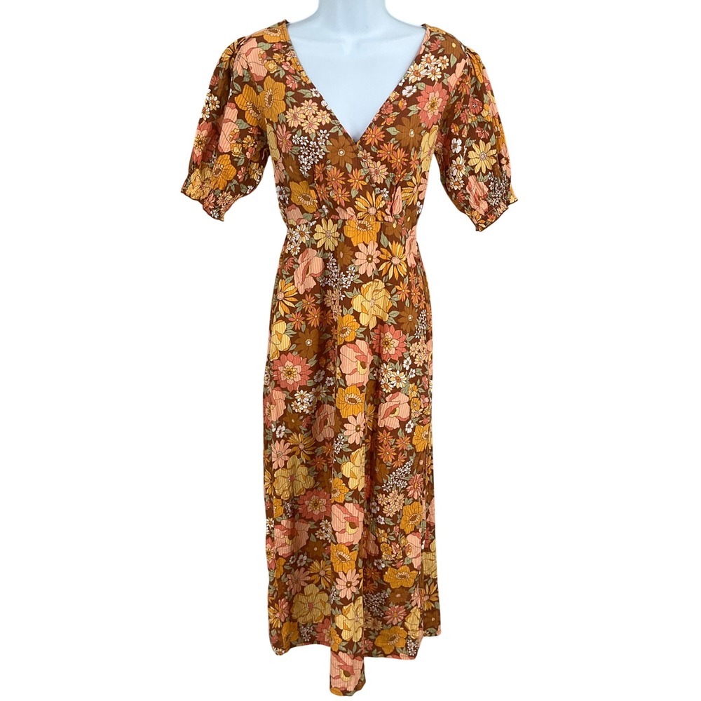 Billabong x The Salty Blonde Dress Womens S Orange Cotton Floral Retro Midi